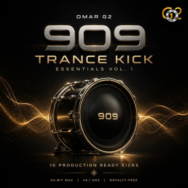 Cover artwork for 909 Trance Kick Essentials Vol. 1, a premium royalty-free 909 kick sample pack by Omar G2.